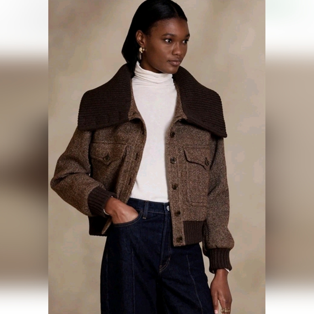 Banana Republic Ava Tweed Bomber Jacket Herringbone Brown Wool Size Large